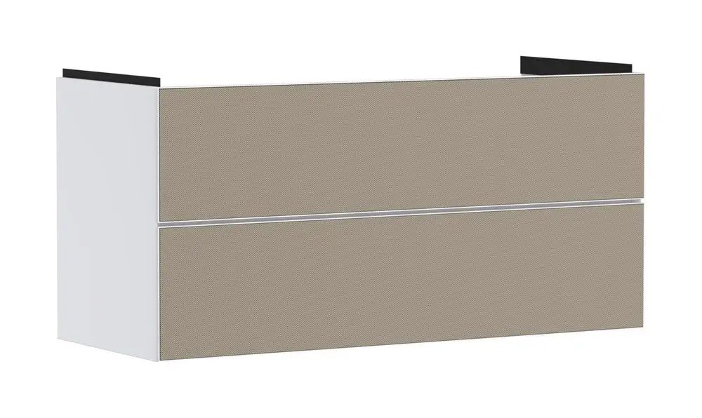 Waschtischunterschrank in Mattweiß mit zwei Schubkästen, gefertigt von Hansgrohe. Das Design ist schlicht und funktional.